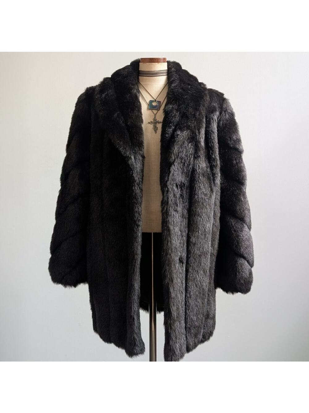 Vintage Black Faux Fur Coat Fur Trim Jacket Mob Wife Minimalist Goth Chic Medium